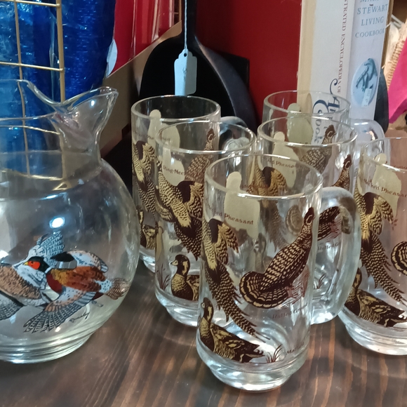 Vintage America Bird Design Glass Pitcher and Mug Set - Picture 1 of 9